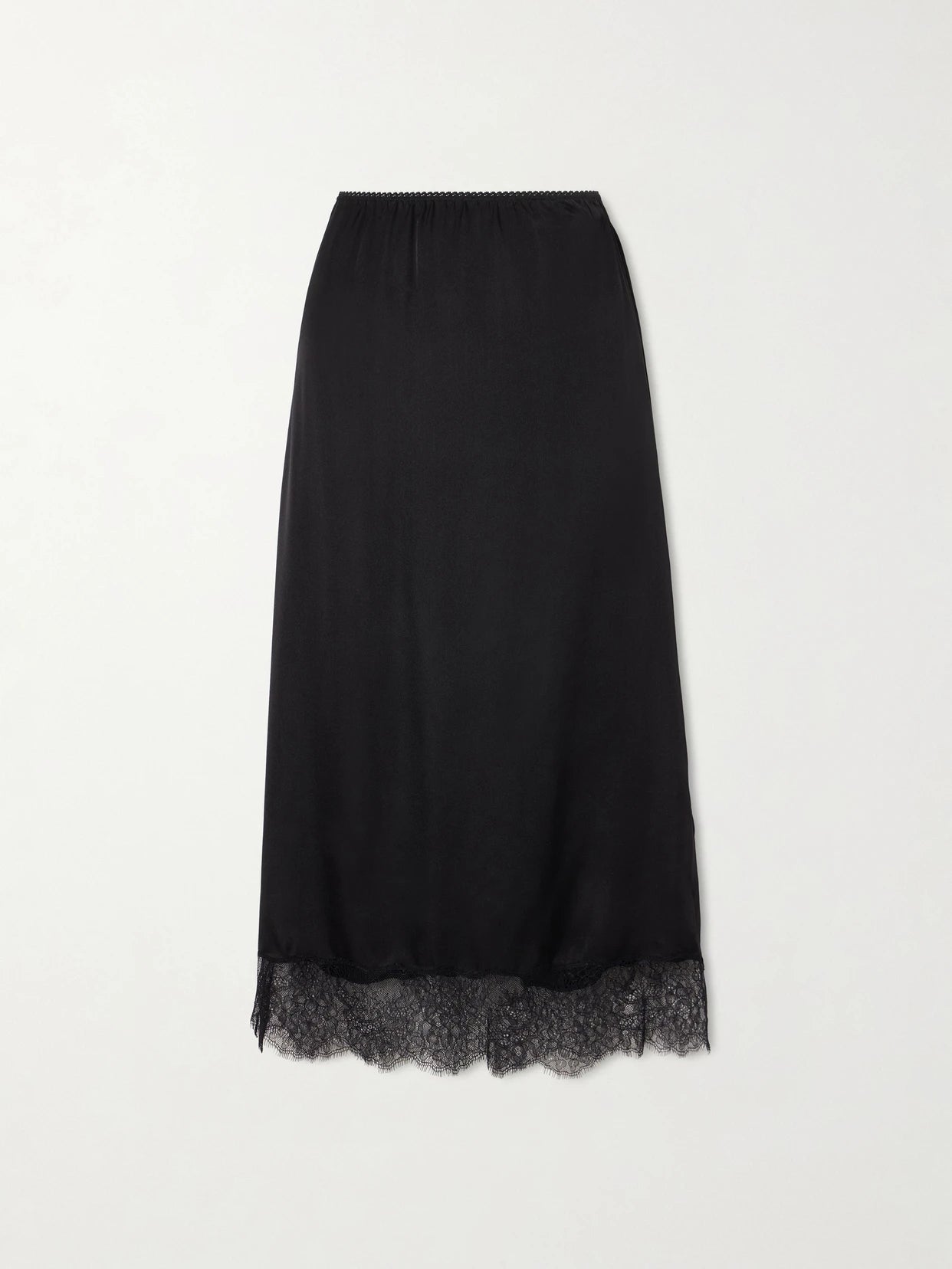 Image of a model wearing Skirts. Product name - Shelby Lace-trimmed Silk-blend Midi Skirt in Black colour by brand - Anine Bing
