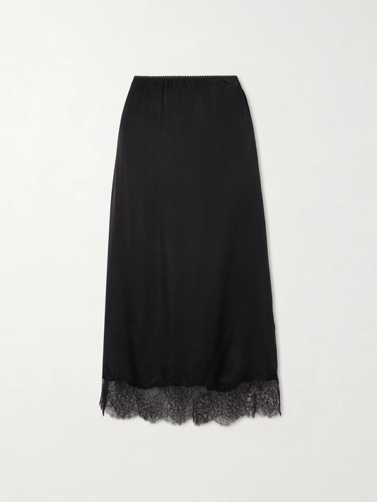 Image of a model wearing Skirts. Product name - Shelby Lace-trimmed Silk-blend Midi Skirt in Black colour by brand - Anine Bing