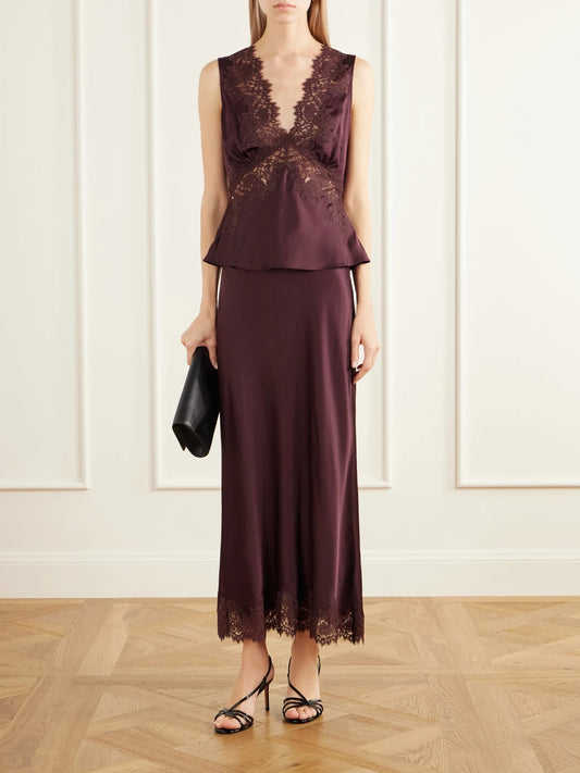 Image of Outfit Sets. Product name - Matilde Lace-trimmed Satin Midi Skirt in Burgundy colour by brand - RIXO