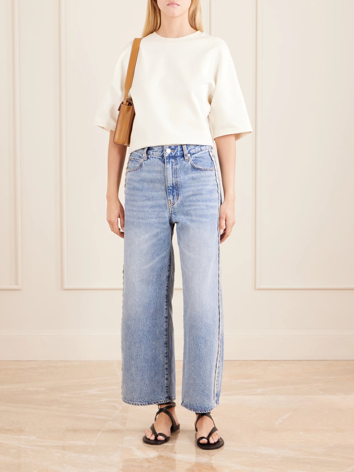 Image of Jeans. Product name - Crochet Bow Crop High-rise Wide-leg Jeans in Blue colour by brand - FRAME