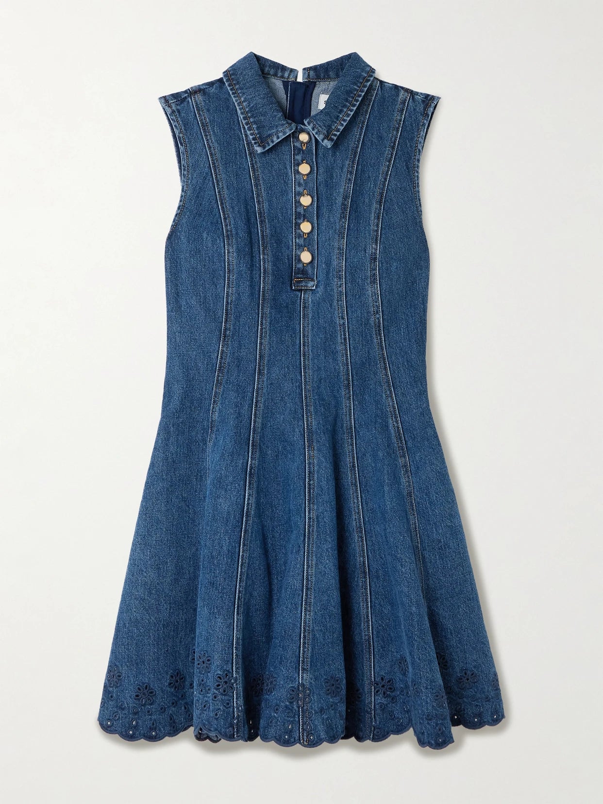 Image of Dresses. Product name - Paneled Broderie Anglaise Denim Mini Dress in Blue colour by brand - Self-Portrait