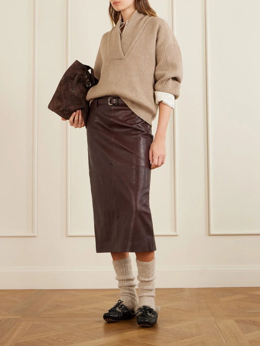 Image of a model wearing Outerwear. Product name - Ribbed-knit Cashmere Sweater in Brown colour by brand - Brunello Cucinelli