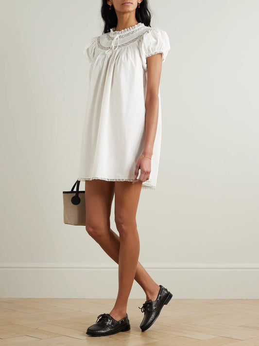 Image of Dresses. Product name - Daphne Lace-trimmed Pintucked Organic Cotton-voile Mini Dress in White colour by brand - DÔEN
