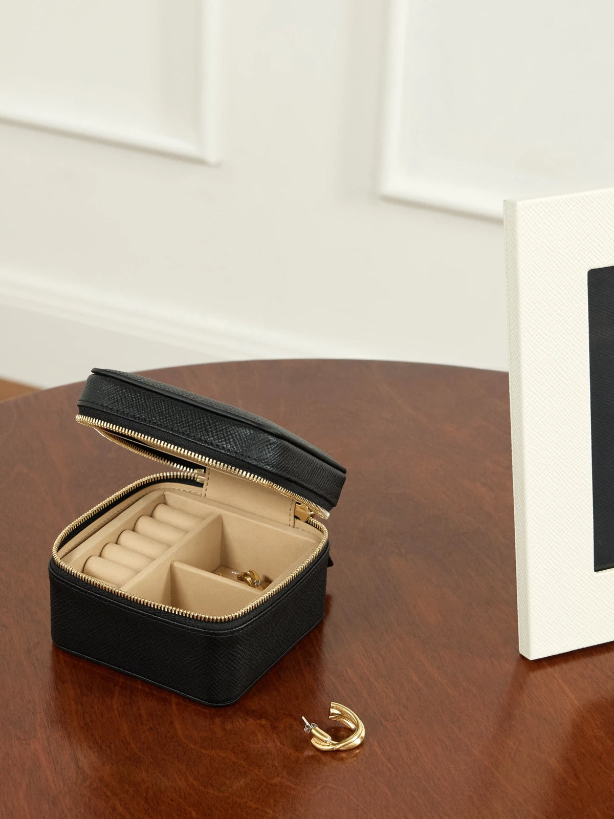 Image of Decor. Product name - Panama Mini Leather Jewelry Box in Black colour by brand - Smythson