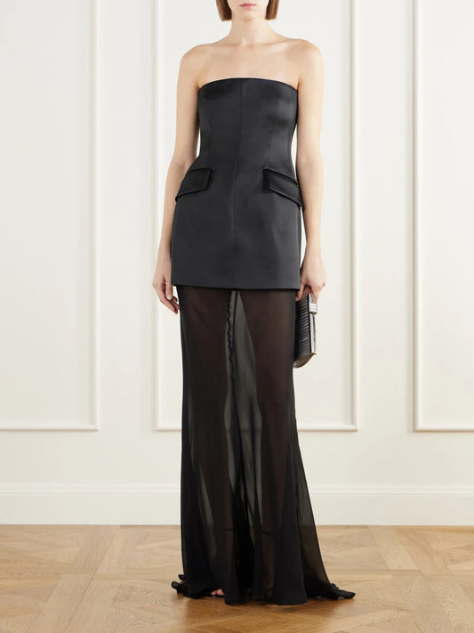 Image of Dresses. Product name - Cilen Layered Satin And Silk Bustier Gown in Black colour by brand - Sportmax