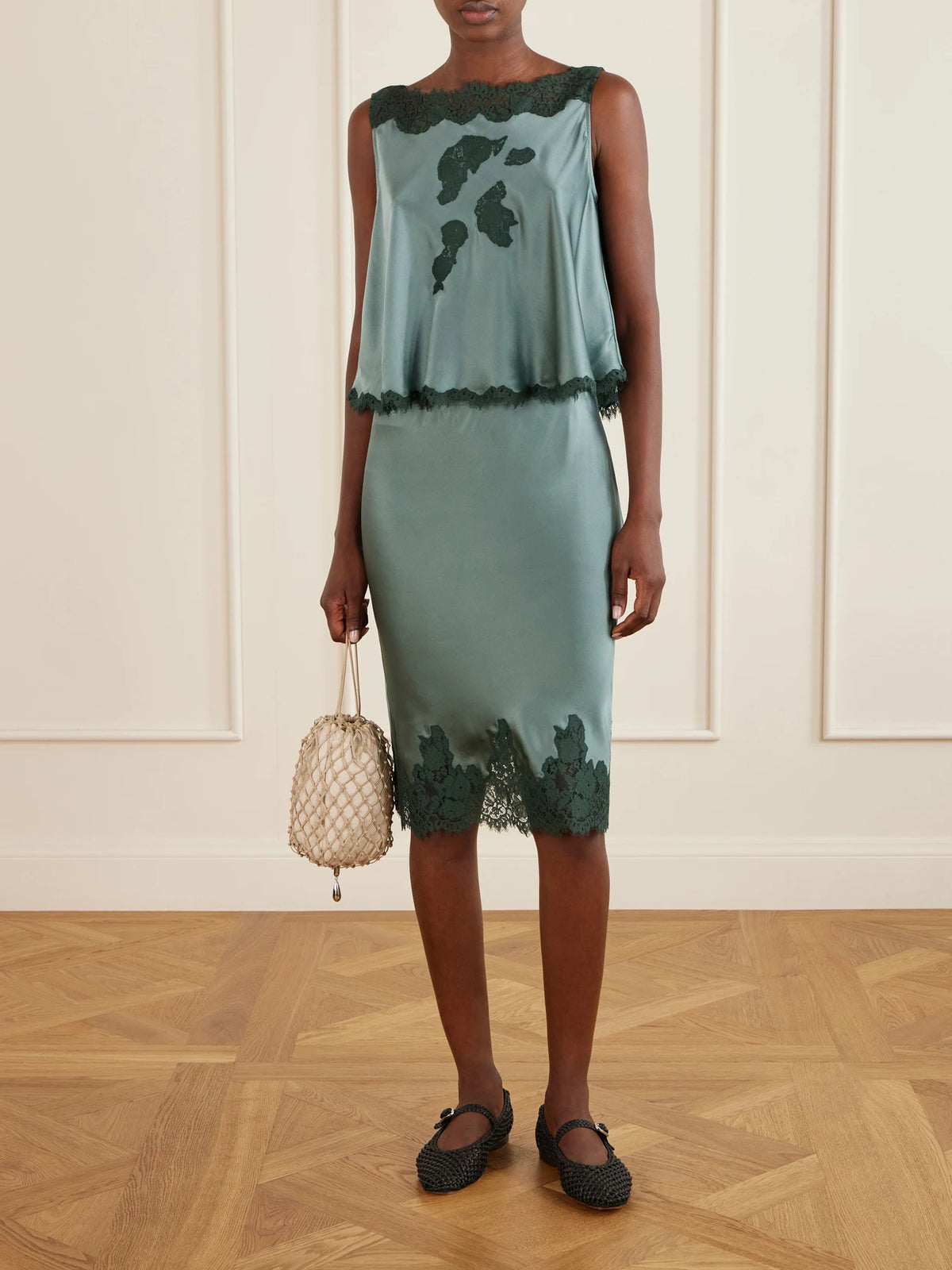 Image of Outfit Sets. Product name - Valerina Lace-trimmed Silk Cami in Storm blue colour by brand - DÔEN