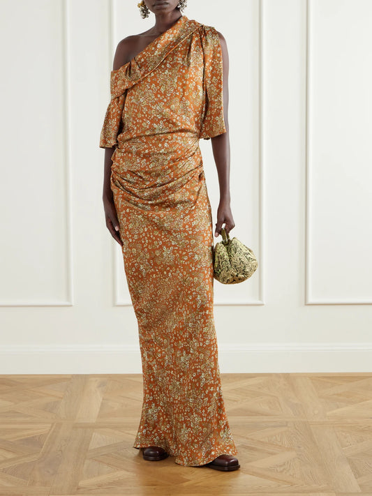 Image of Dresses. Product name - One-shoulder Gathered Floral-print Crepe Midi Dress in Orange colour by brand - Dries Van Noten