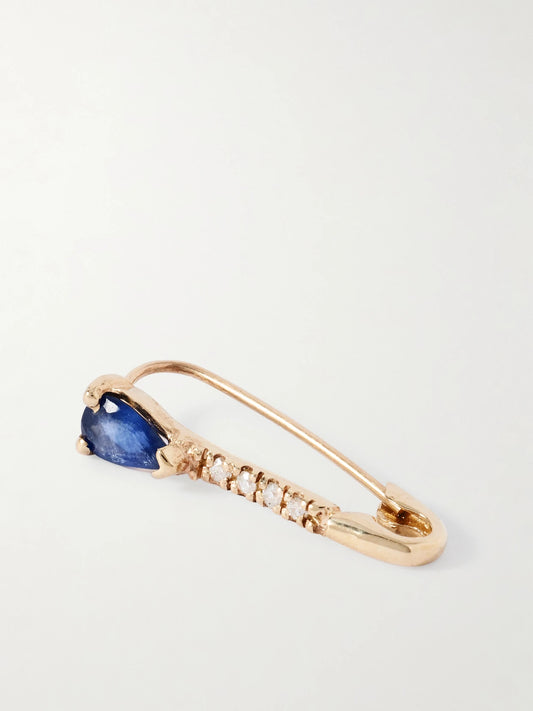 Safety Pin 14-karat Gold, Diamond And Sapphire Single Earring