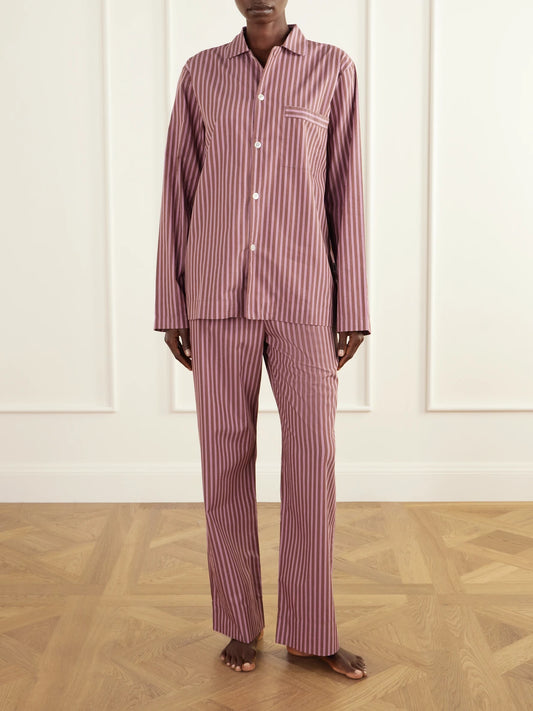Image of Lingerie. Product name - Striped Organic Cotton-poplin Pajama Set in Purple colour by brand - TEKLA
