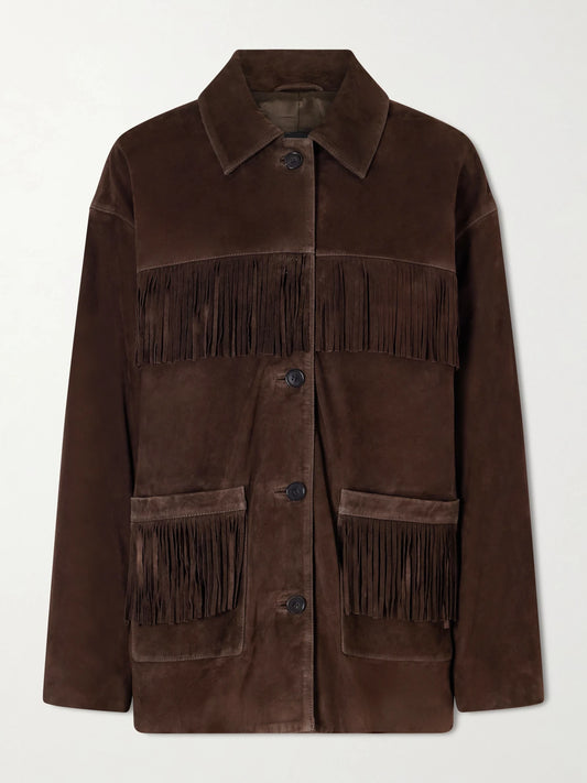 Image of Coats & Jackets. Product name - Fringed Suede Jacket in Dark brown colour by brand - Nili Lotan