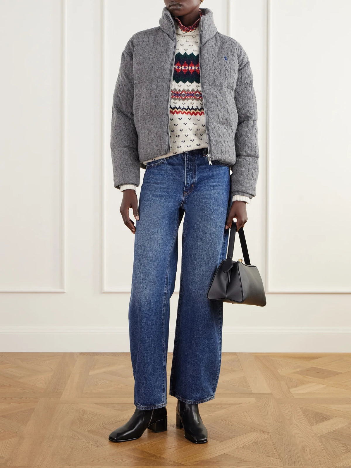 Image of Coats & Jackets. Product name - Padded Quilted Cable-knit Wool And Cashmere-blend Jacket in Gray colour by brand - Polo Ralph Lauren