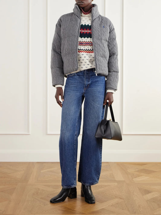 Image of Coats & Jackets. Product name - Padded Quilted Cable-knit Wool And Cashmere-blend Jacket in Gray colour by brand - Polo Ralph Lauren