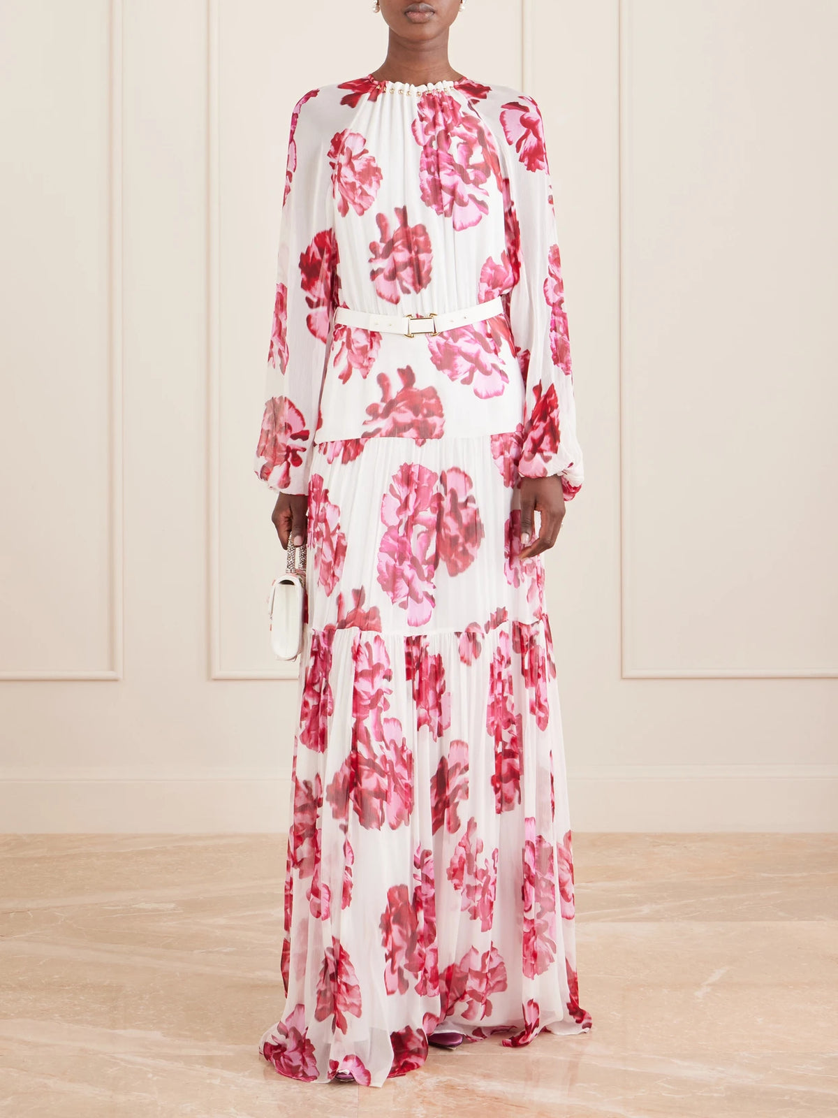Image of Dresses. Product name - Damask Rose Embellished Tiered Floral-print Georgette Maxi Dress in Pink colour by brand - Rebecca Vallance