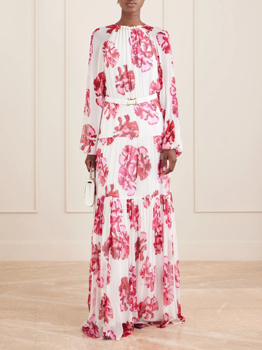 Image of Dresses. Product name - Damask Rose Embellished Tiered Floral-print Georgette Maxi Dress in Pink colour by brand - Rebecca Vallance