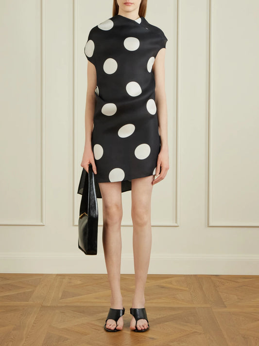 Image of Dresses. Product name - Tatia Draped Polka-dot Silk Mini Dress in Black colour by brand - KHAITE