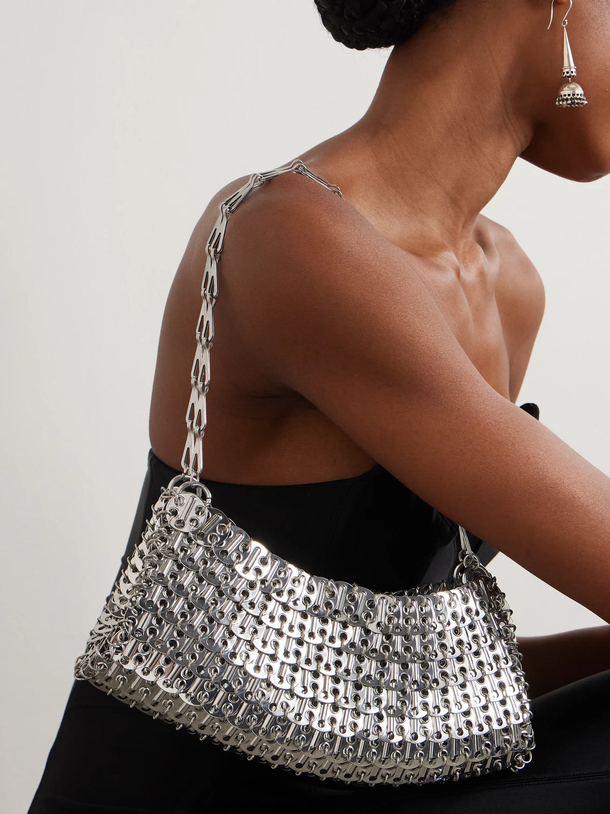 Image of Bags. Product name - Chainmail Shoulder Bag in Silver colour by brand - RABANNE