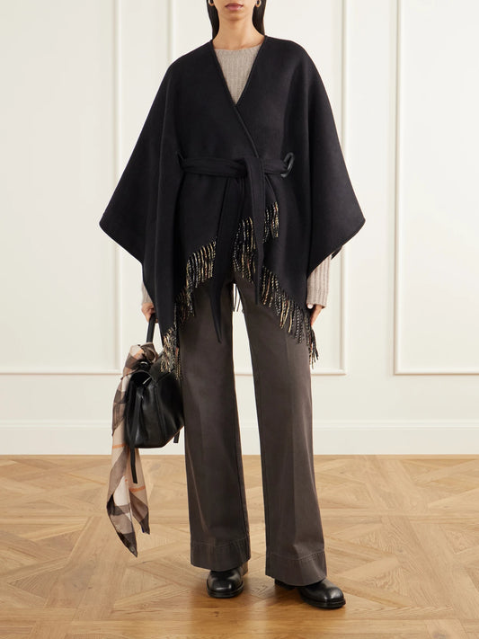 Image of Coats & Jackets. Product name - Belted Fringed Wool-felt Wrap in Black colour by brand - Burberry