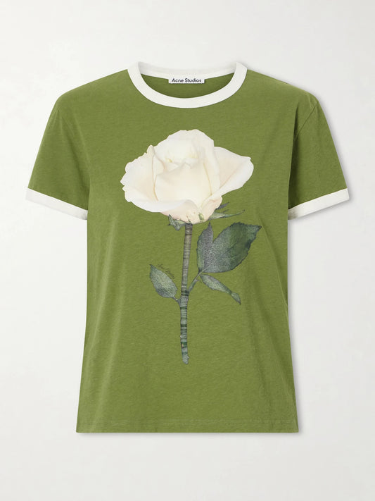Image of a model wearing Tops. Product name - Etza Printed Cotton And Hemp-blend T-shirt in Green colour by brand - Acne Studios