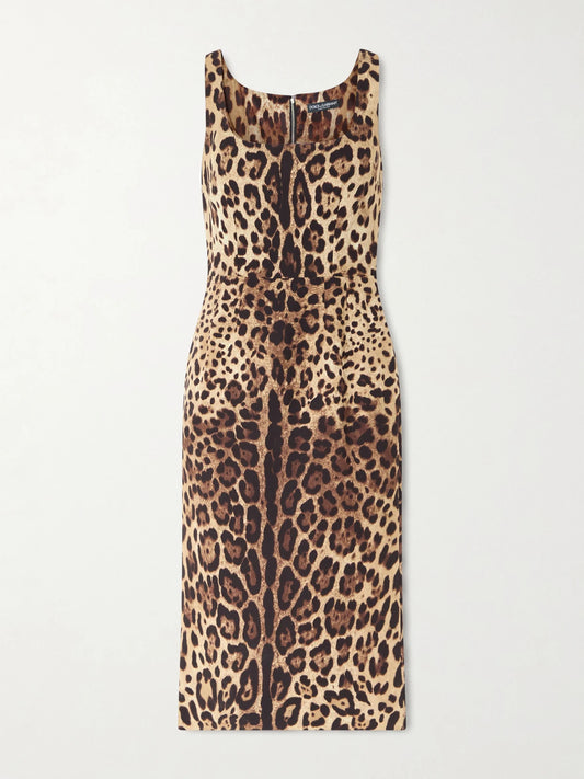 Image of Dresses. Product name - Leopard-print Silk-blend Satin Midi Dress in Leopard print colour by brand - Dolce & Gabbana