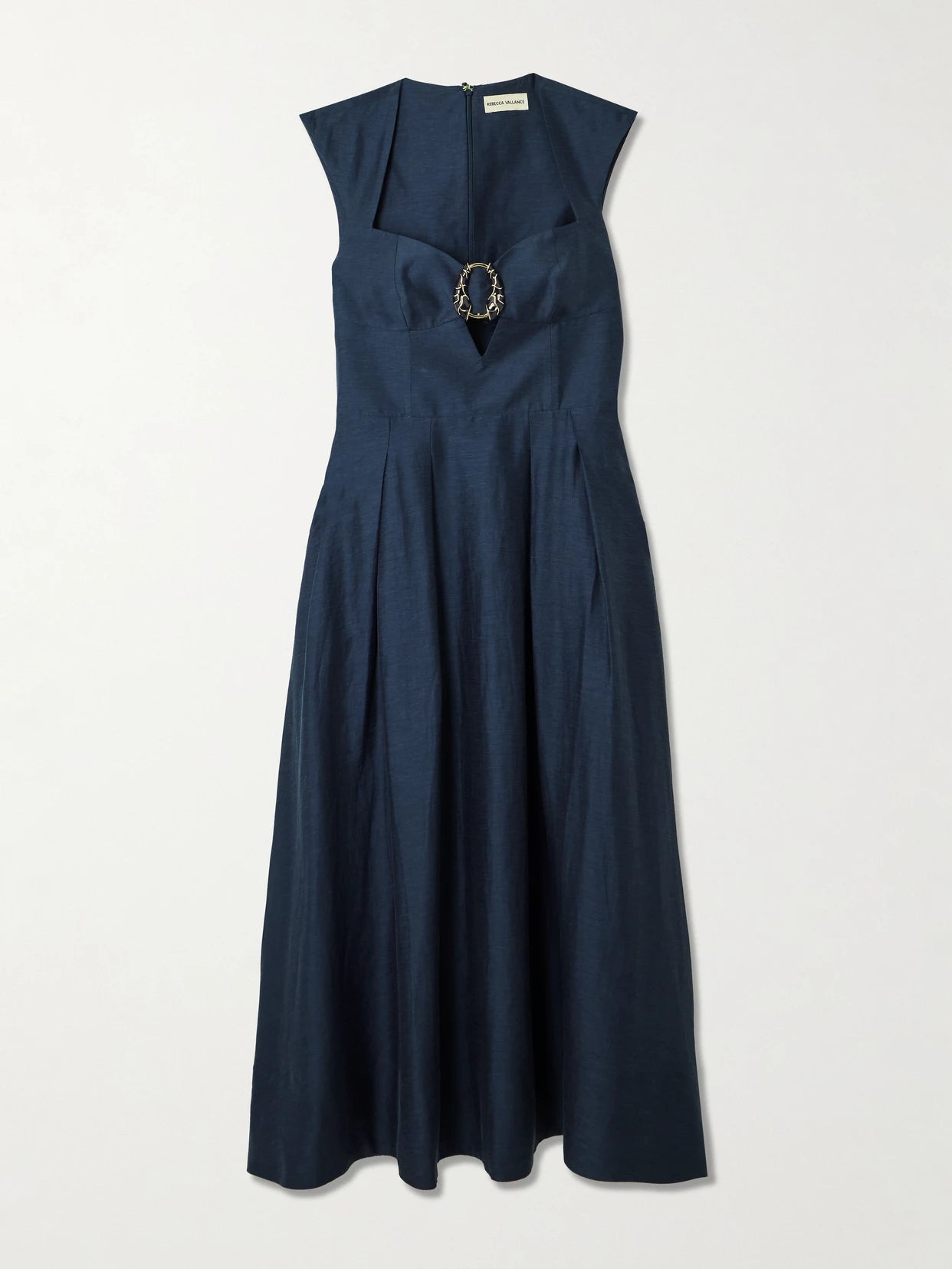 Image of Dresses. Product name - Serenity Embellished Pleated Lyocell-blend Midi Dress in Navy colour by brand - Rebecca Vallance