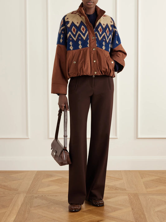 Image of Coats & Jackets. Product name - Knoll Gathered Fair Isle Fleece-trimmed Cotton-twill Jacket in Multi colour by brand - Veronica Beard