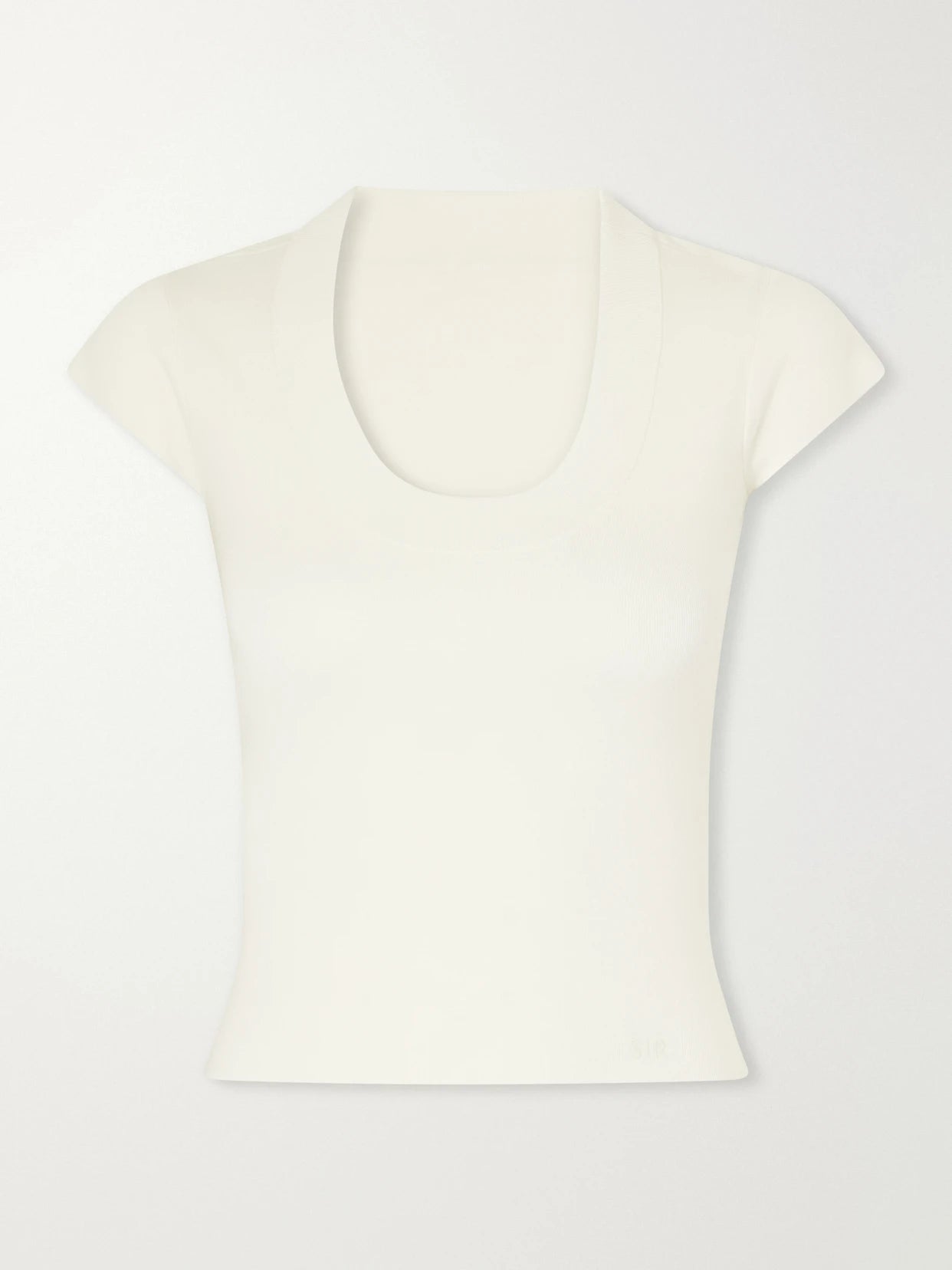 Image of a model wearing Tops. Product name - Mikkel Ribbed Wool T-shirt in Ivory colour by brand - SIR.