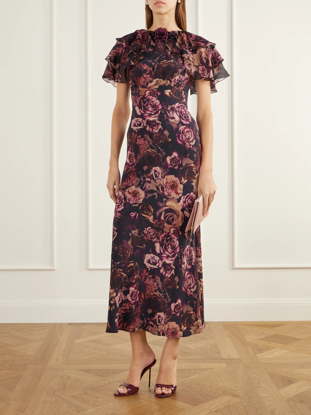 Image of Dresses. Product name - Ruffled Cape-effect Floral-print Silk-chiffon Maxi Dress in Multi colour by brand - Rodarte