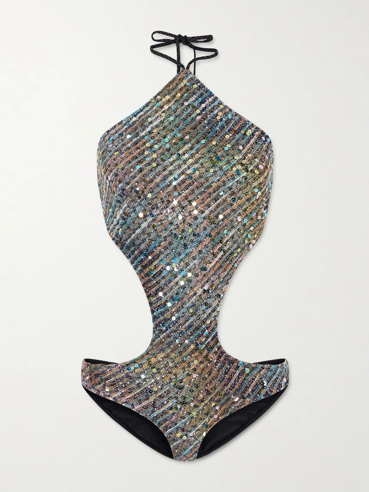 Image of Swimwear. Product name - Cut-out Sequin-embellished Striped Metallic Cotton-blend Halterneck Swimsuit in Blue colour by brand - Missoni