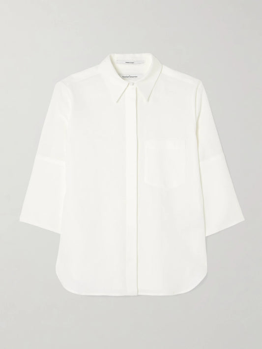 Image of a model wearing Tops. Product name - Linen Shirt in White colour by brand - Another Tomorrow