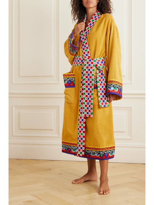 Image of Lingerie. Product name - Printed Cotton-terry Robe in Yellow colour by brand - Dolce & Gabbana