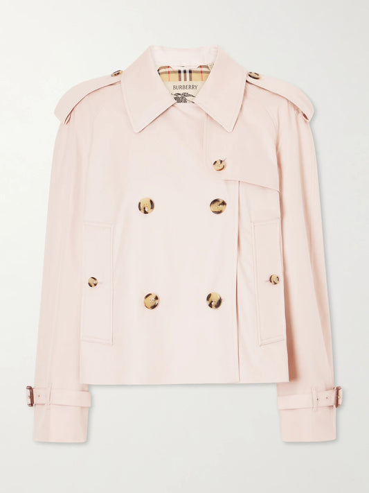Image of Coats & Jackets. Product name - Haltye Double-breasted Belted Cotton-gabardine Cropped Trench Jacket in Baby pink colour by brand - Burberry
