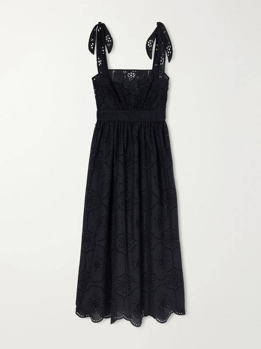 Image of Dresses. Product name - Broderie Apron Broderie Anglaise Cotton Midi Dress in Black colour by brand - Matteau