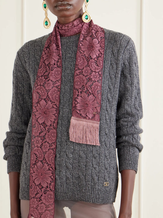 Embroidered Fringed Silk Crocheted Scarf