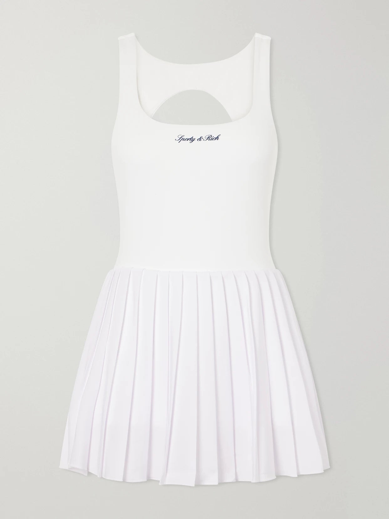 Image of a model wearing Tops. Product name - Open-back Pleated Stretch-jersey Tennis Dress in White colour by brand - Sporty & Rich