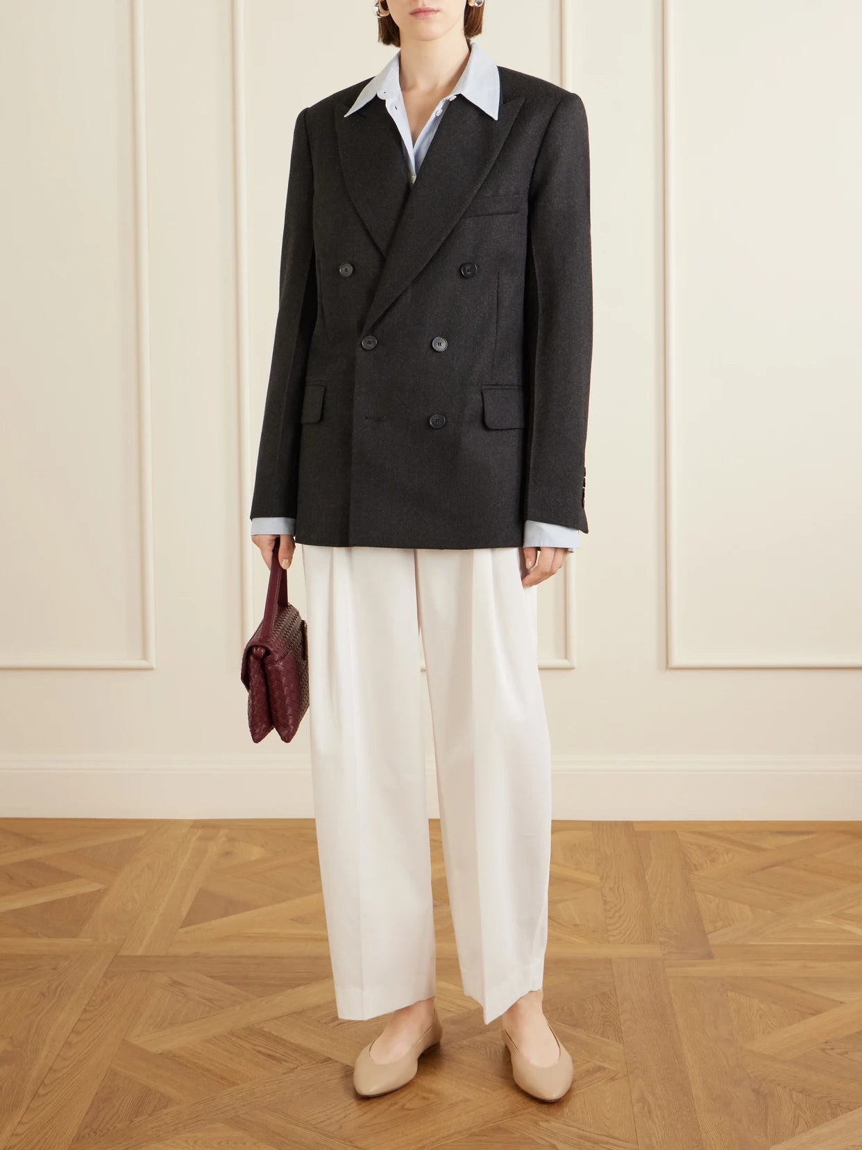 Image of Coats & Jackets. Product name - Beatrice Double-breasted Wool Blazer in Dark gray colour by brand - Victoria Beckham