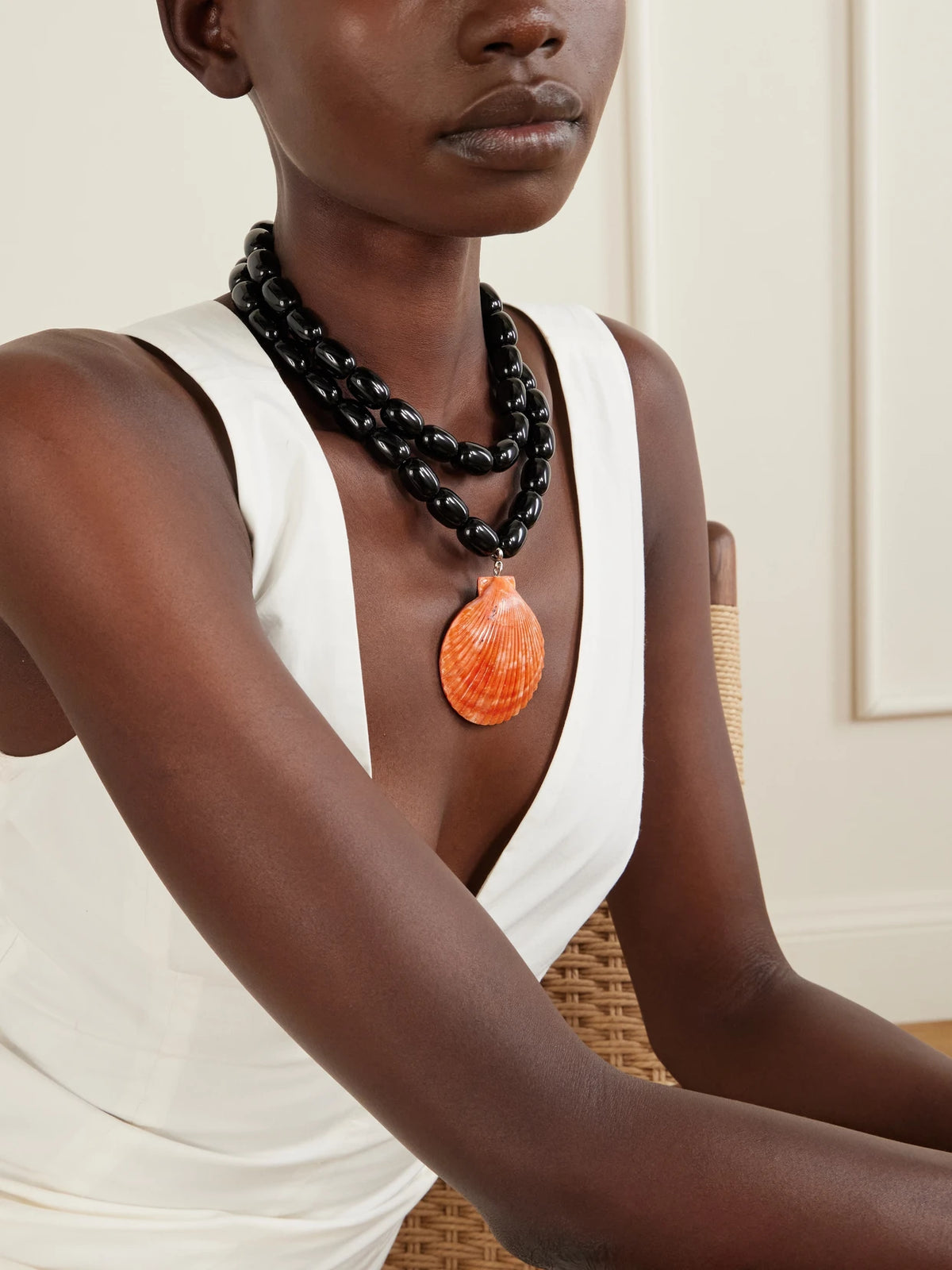 Image of Necklaces. Product name - Luma Rhodium-pleated, Onyx, Shell And Resin Beaded Necklace in Black colour by brand - Julietta