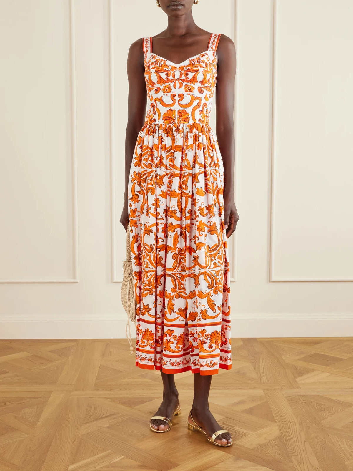 Image of Dresses. Product name - Pleated Printed Cotton-poplin Midi Dress in Orange colour by brand - Dolce & Gabbana