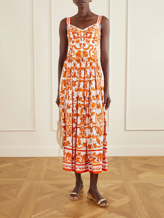 Image of Dresses. Product name - Pleated Printed Cotton-poplin Midi Dress in Orange colour by brand - Dolce & Gabbana