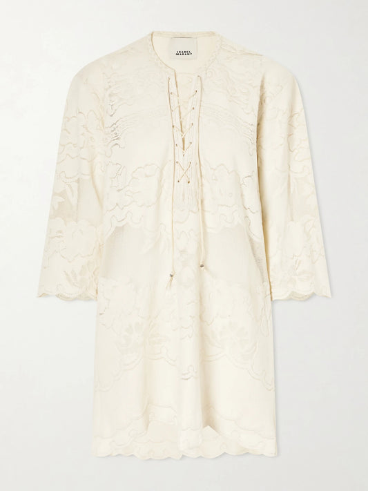 Image of Dresses. Product name - Solara Lace-up Embroidered Mini Dress in Ecru colour by brand - ISABEL MARANT