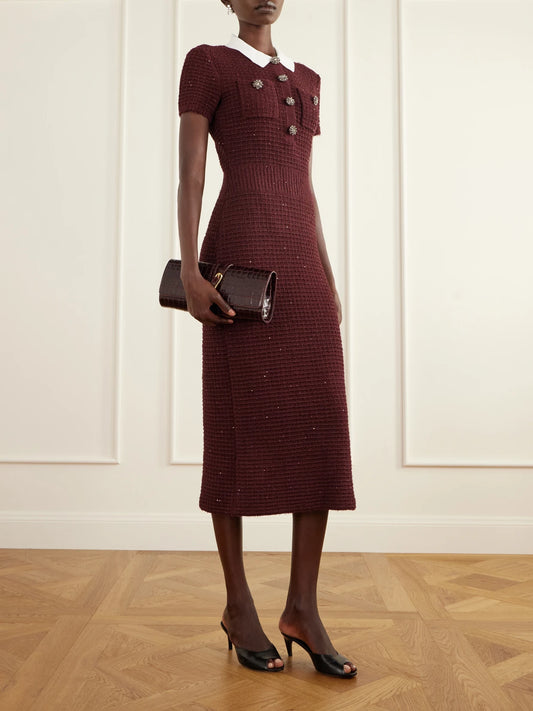 Image of Dresses. Product name - Crystal And Sequin-embellished Waffle-knit Midi-dress in Burgundy colour by brand - Self-Portrait