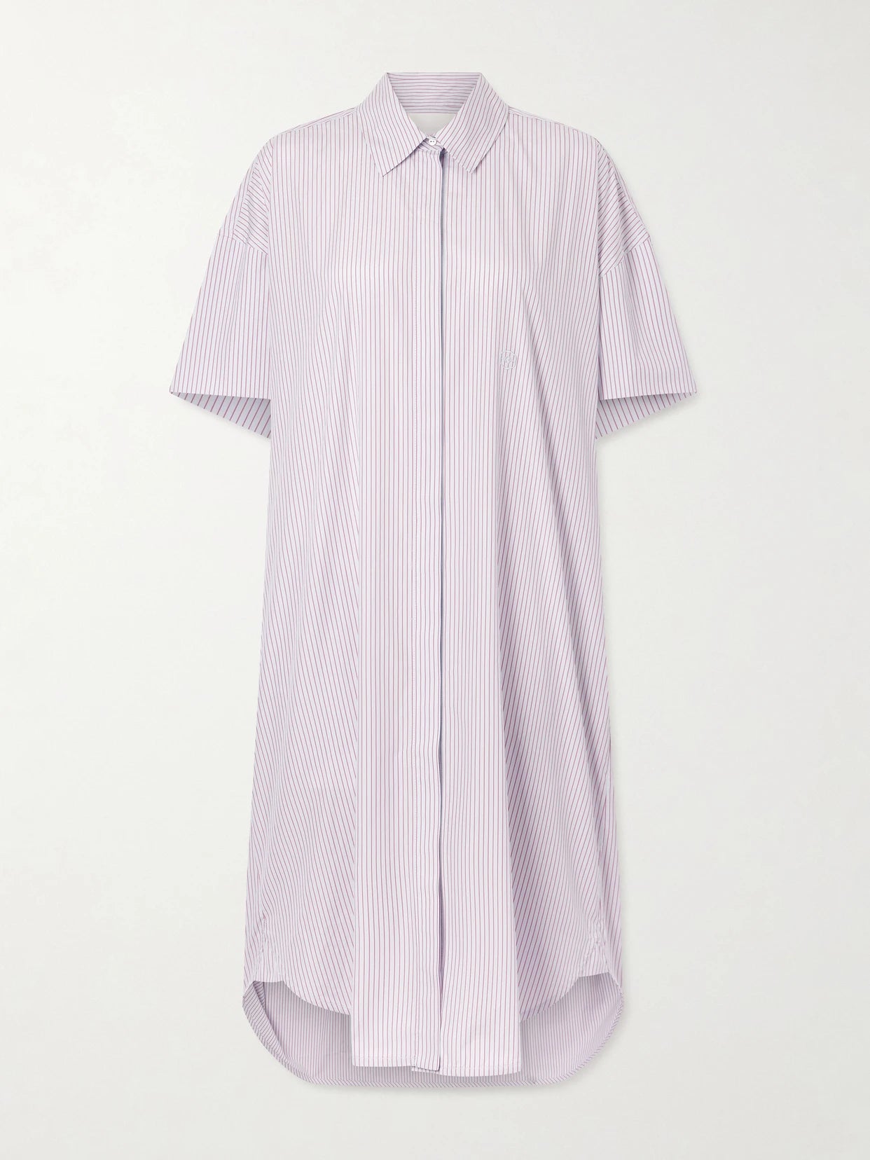 Image of Dresses. Product name - Anu Embroidered Striped Organic Cotton-poplin Midi Shirt Dress in Purple colour by brand - RÙADH