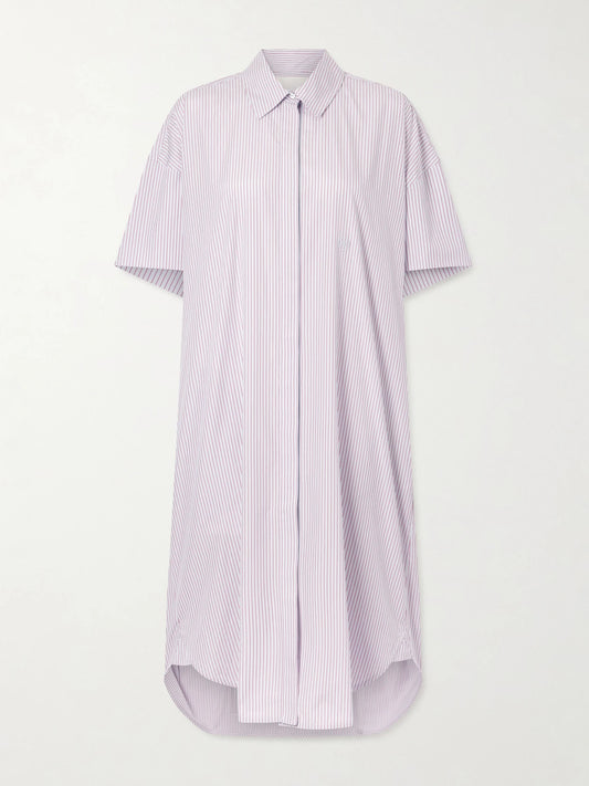 Image of Dresses. Product name - Anu Embroidered Striped Organic Cotton-poplin Midi Shirt Dress in Purple colour by brand - RÙADH