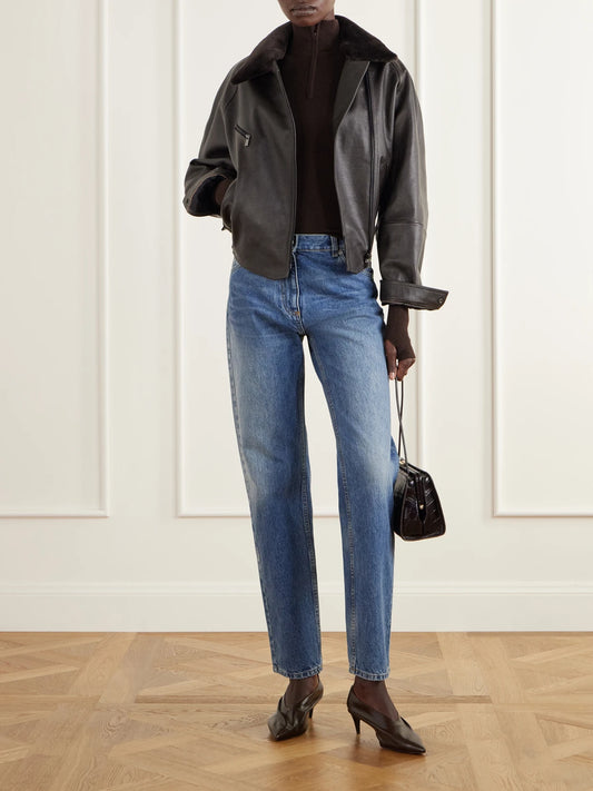 Image of Coats & Jackets. Product name - Cropped Shearling-trimmed Leather Biker Jacket in Dark brown colour by brand - Magda Butrym