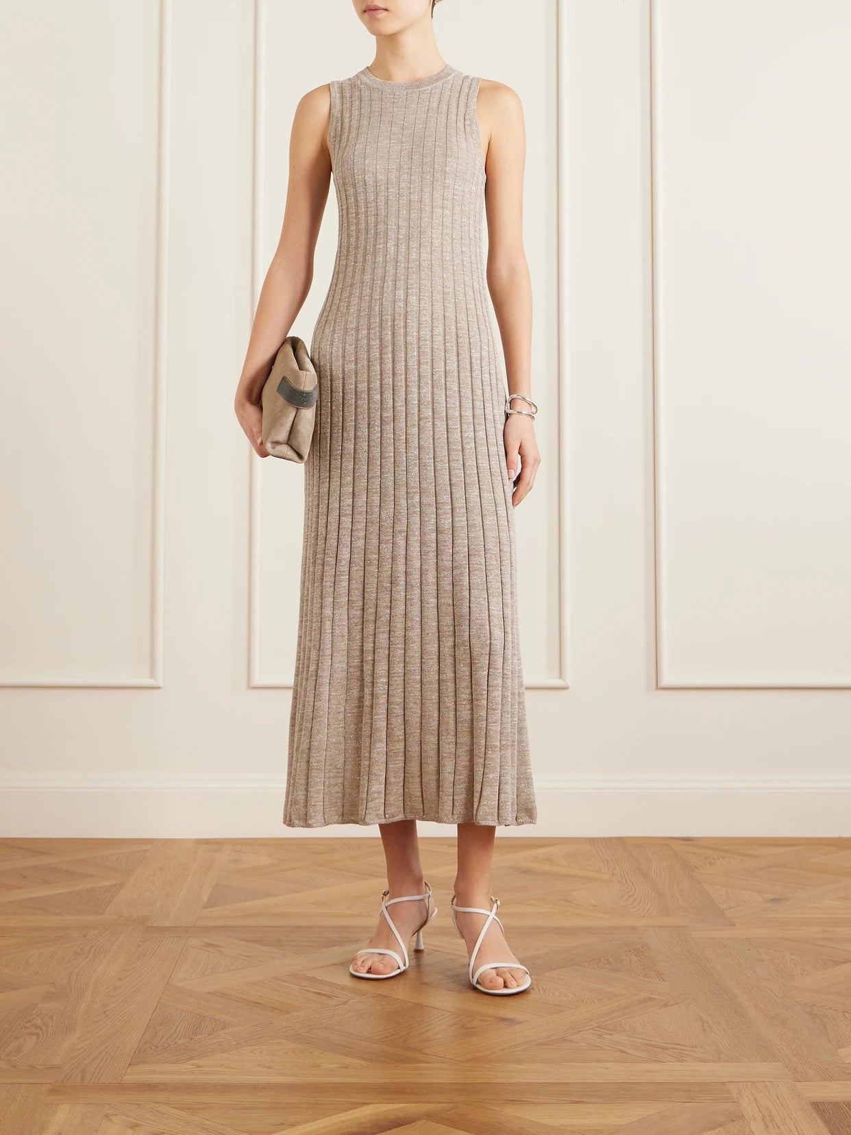 Image of Dresses. Product name - Metallic Ribbed-knit Midi Dress in Beige colour by brand - Brunello Cucinelli