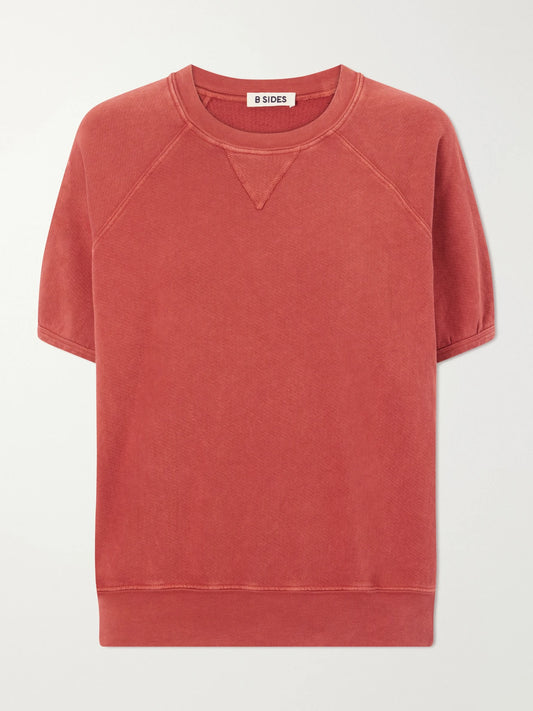 Image of a model wearing Tops. Product name - Cotton Jersey T-shirt in Crimson colour by brand - B SIDES