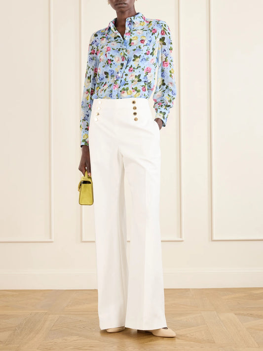 Image of a model wearing Pants. Product name - Alba Cotton-blend Wide-leg Pants in White colour by brand - Carolina Herrera