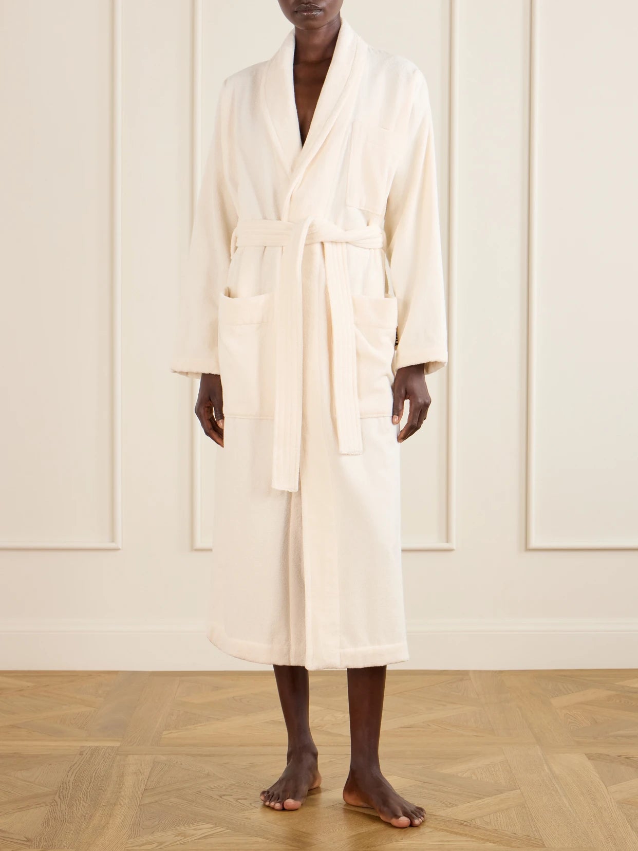Image of Lingerie. Product name - Belted Organic Cotton-terry Robe in Ivory colour by brand - TEKLA