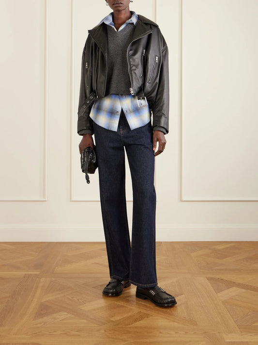 Image of Coats & Jackets. Product name - Cropped Buckled Leather Biker Jacket in Black colour by brand - LOEWE