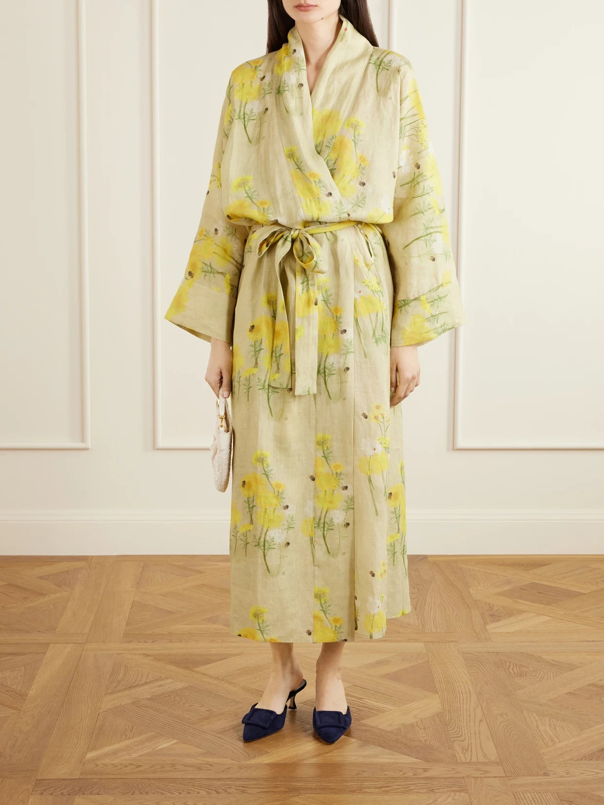 Image of Dresses. Product name - Peignoir Belted Floral-print Linen Maxi Dress in Yellow colour by brand - BERNADETTE