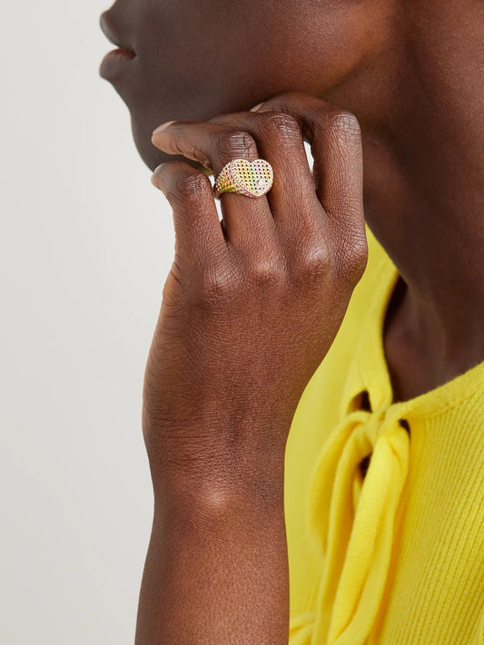 Image of Rings. Product name - Chevaliere Coeur 9-karat Gold, Diamond And Enamel Ring in Multi colour by brand - Yvonne Léon